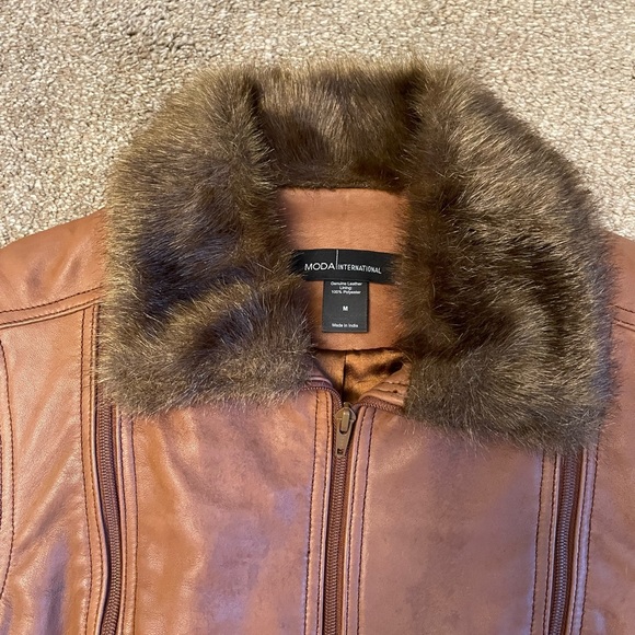 VTG Moda International Brown Leather Vest with Faux Fur Size M Aviator Bomber - Picture 3 of 13